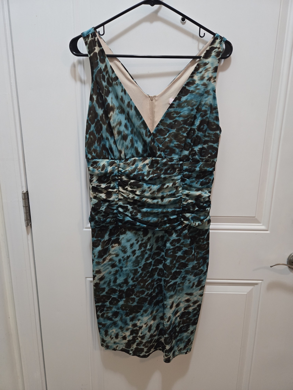 Blush Teal and Black Animal-Print Ruched V‑Neck Midi Dress